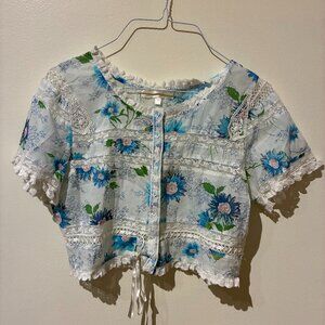 LoveShackFancy Blue Floral Lacy Crop Top - Women's S